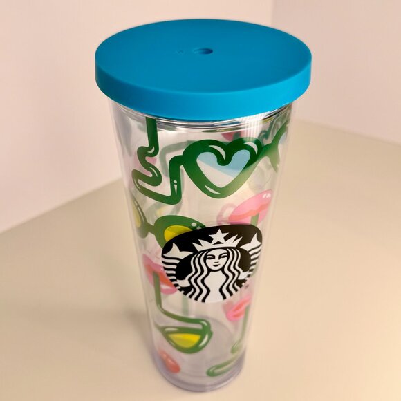 2014 STARBUCKS 24 OZ HEART LIPS GLASSES TUMBLER COLD CUP VENTI‎ Blue Lid - Picture 2 of 4